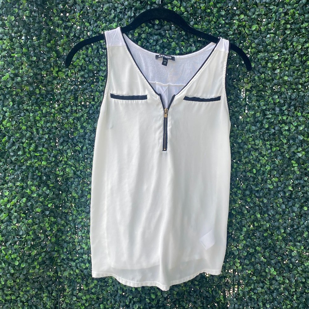 Business Casual Express White Tank Top with Zipper & Black Accents